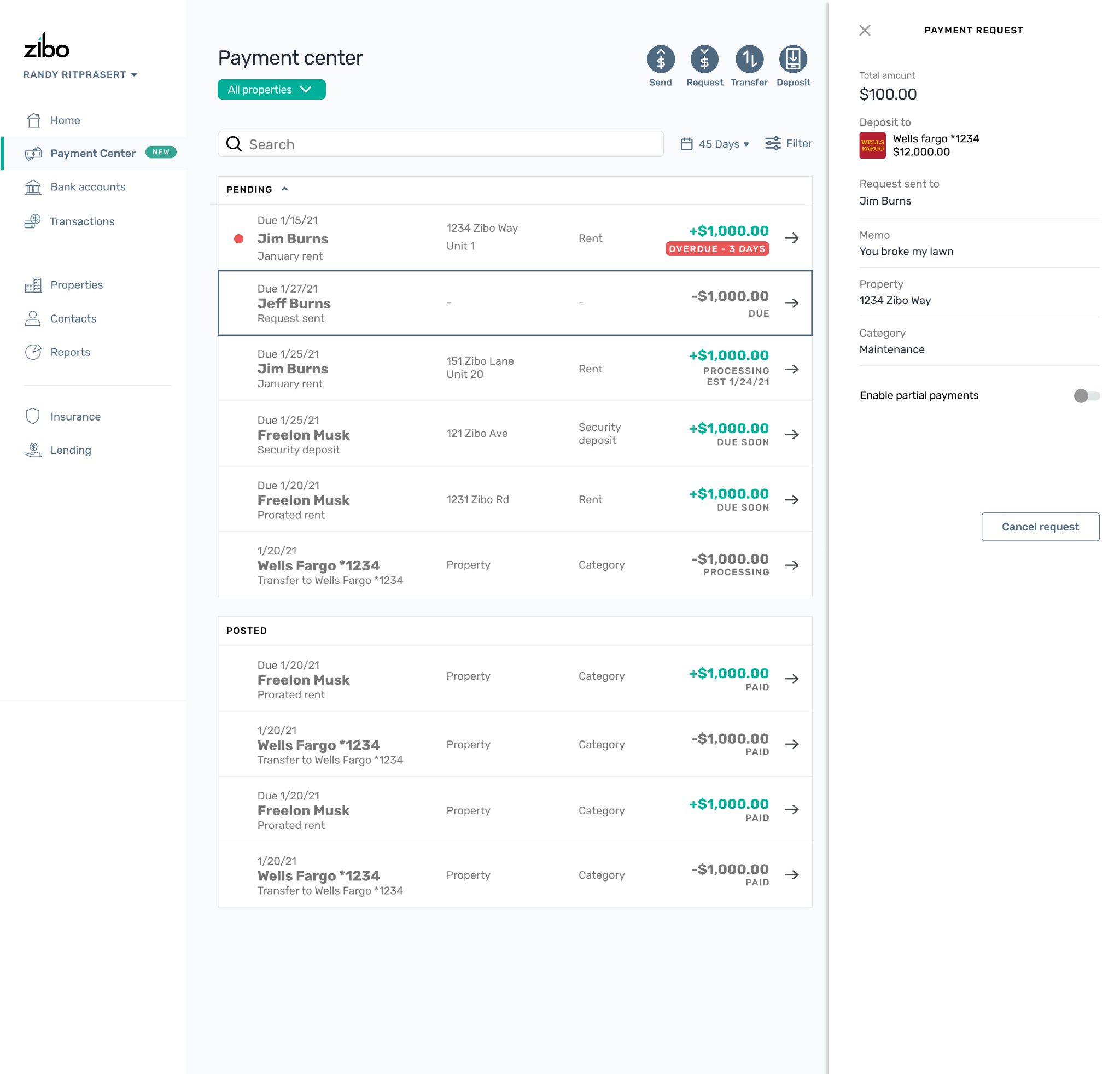 Azibo Payment Center — transaction list with Pending and Posted sections showing rent payments, security deposits, and bank transfers. A selected row opens a Payment Request detail panel on the right with amount, deposit account, tenant name, memo, property, category, partial-payment toggle, and cancel action.