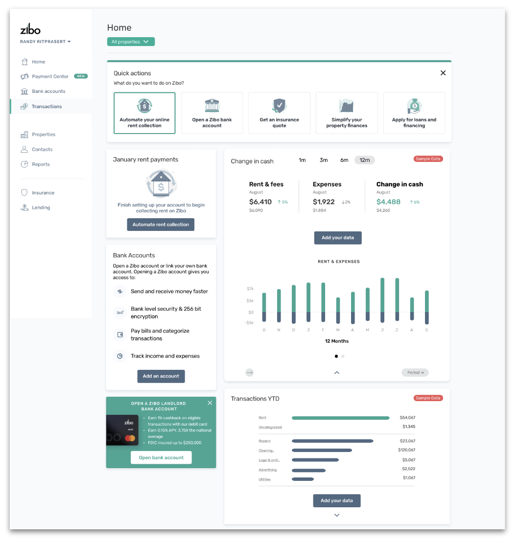 The redesigned Azibo dashboard — expanded sidebar with Home, Payment Center (new), Bank accounts, Transactions, Properties, Contacts, Reports, Insurance, and Lending. Main content includes Quick Actions onboarding bar, January rent payments widget, Change in Cash financial summary with period selectors, Bank Accounts feature card, a 12-month Rent and Expenses bar chart, and a Transactions YTD category breakdown.