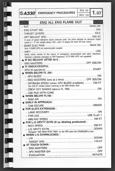 Quick Reference Handbook page used during emergency procedures